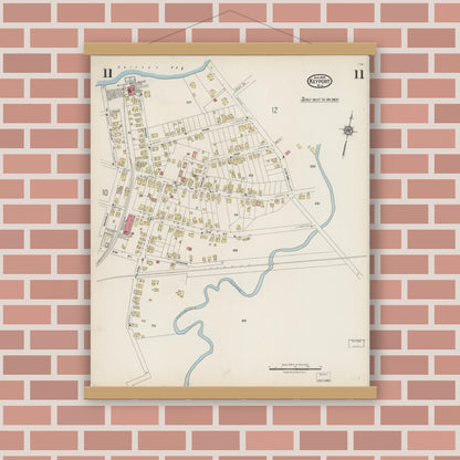 Old map wall art mockup — magnetic wood frame on brick wall — Sanborn Fire Insurance Map from Keyport, Monmouth County, New Jersey (1923), Sheet #0011