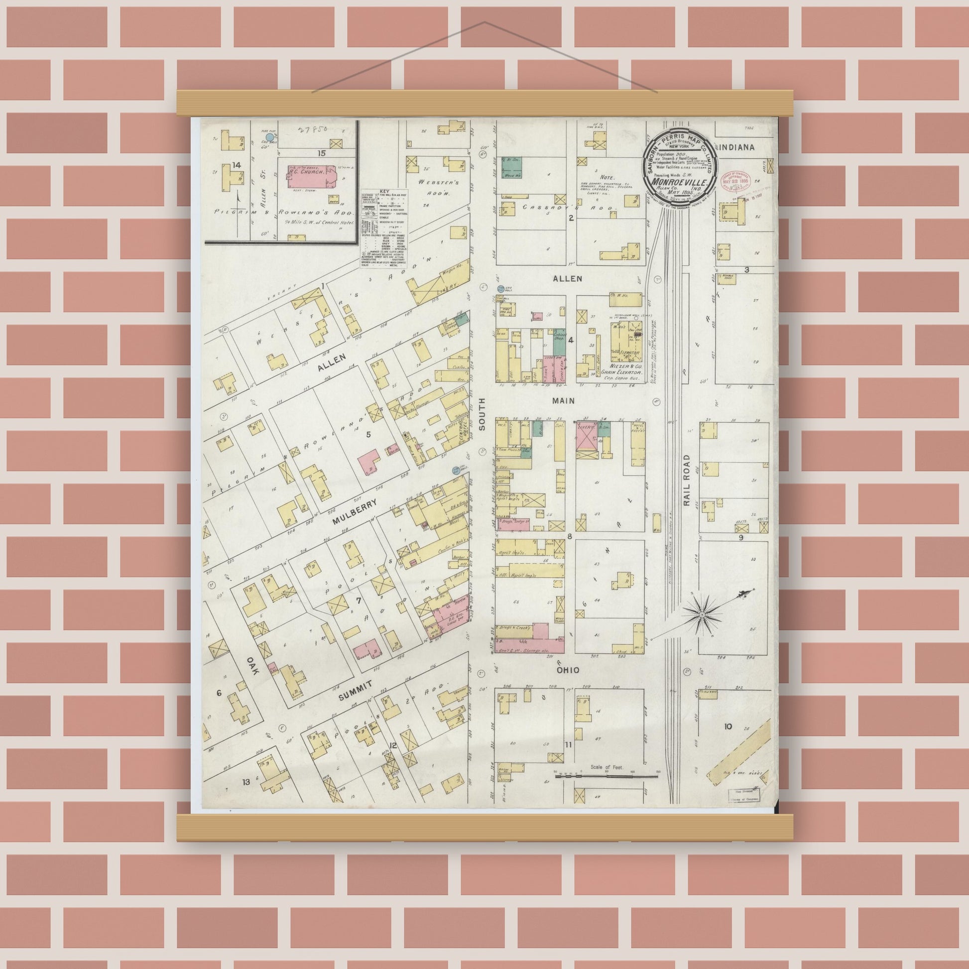 Old map wall art mockup — magnetic wood frame on brick wall — Sanborn Fire Insurance Map from Monroeville, Allen County, Indiana (1895), Sheet #0001