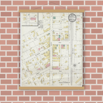 Old map wall art mockup — magnetic wood frame on brick wall — Sanborn Fire Insurance Map from Monroeville, Allen County, Indiana (1895), Sheet #0001