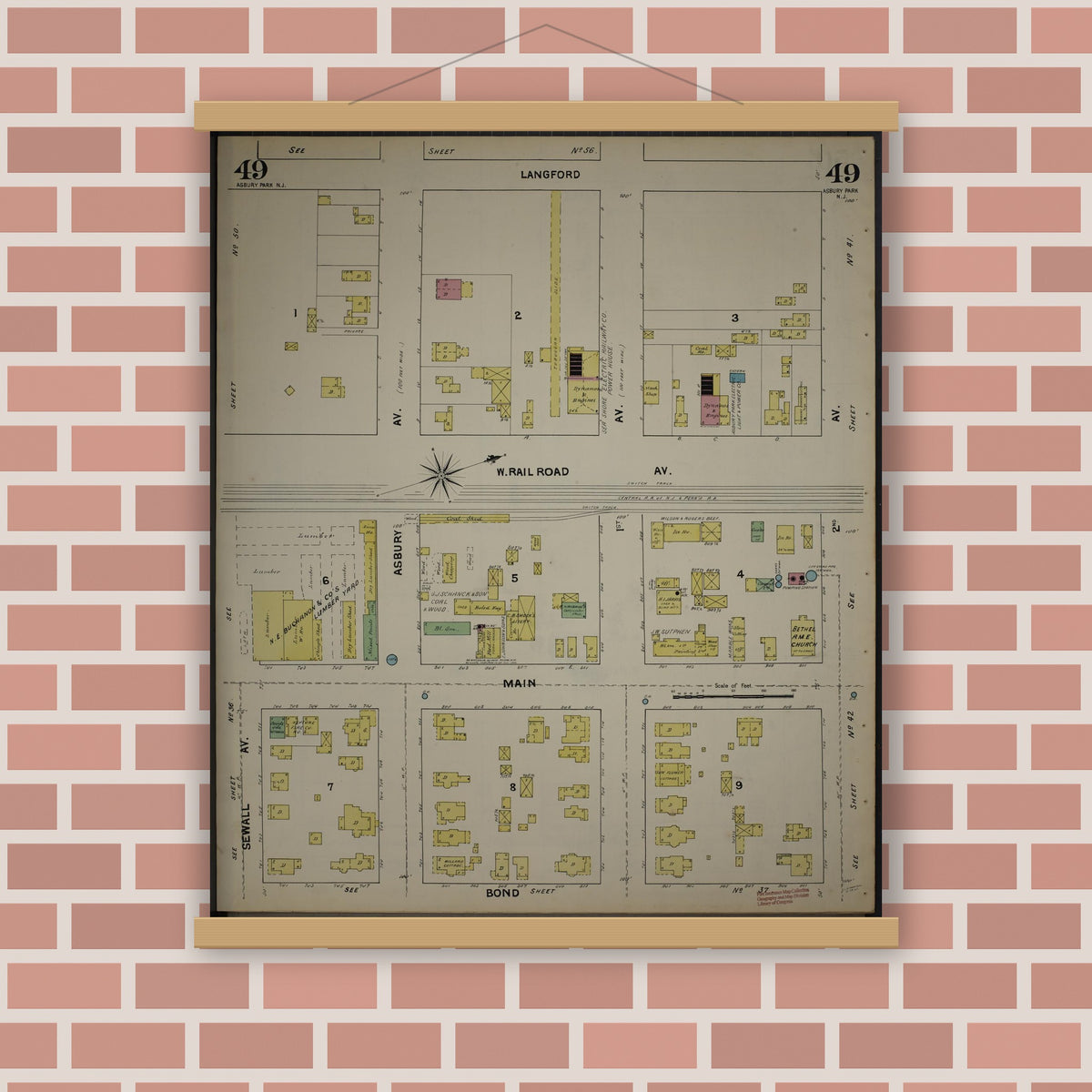 Old map wall art mockup — magnetic wood frame on brick wall — Sanborn Fire Insurance Map from New Jersey Coast, New Jersey Coast, New Jersey (1890), Sheet #0049