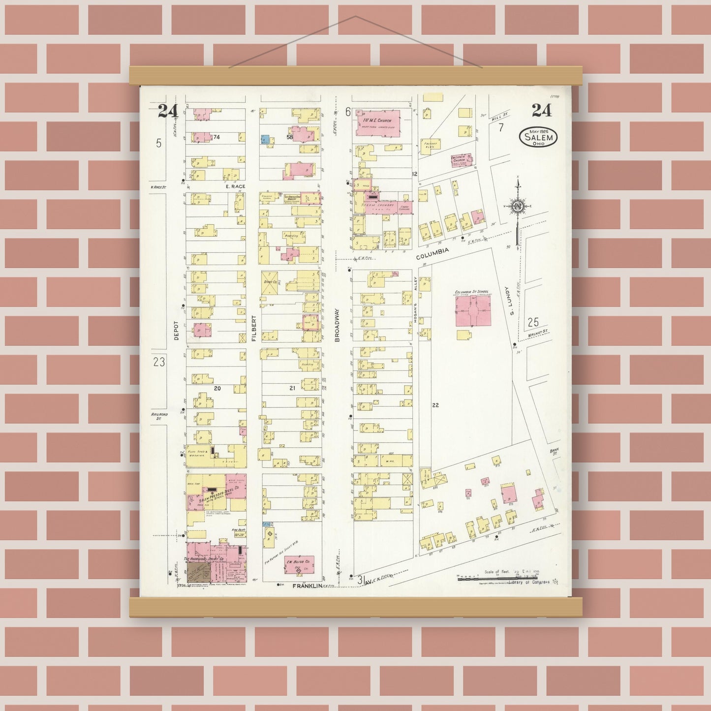 Old map wall art mockup — magnetic wood frame on brick wall — Sanborn Fire Insurance Map from Salem, Columbiana County, Ohio (1926), Sheet #0024