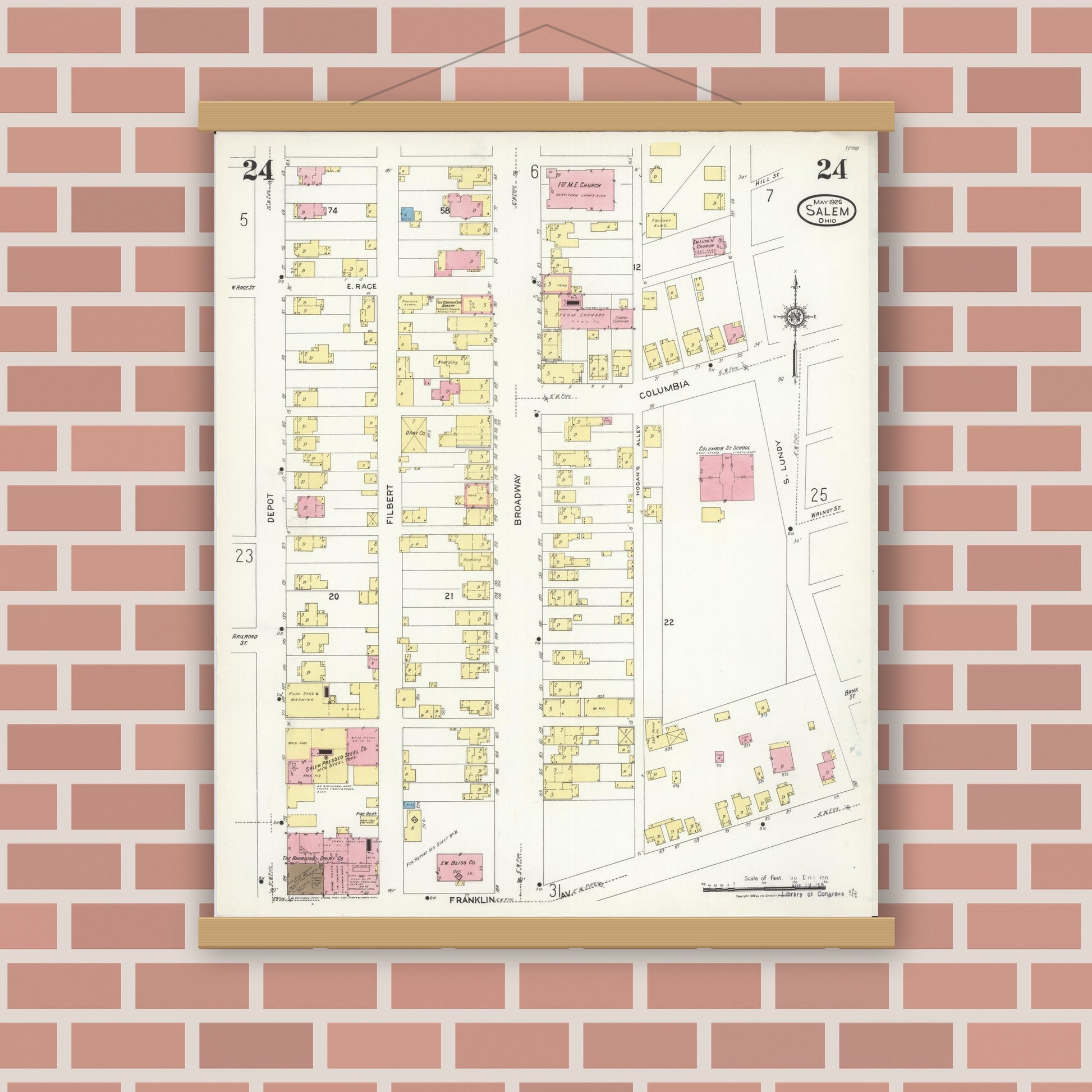 Old map wall art mockup — magnetic wood frame on brick wall — Sanborn Fire Insurance Map from Salem, Columbiana County, Ohio (1926), Sheet #0024