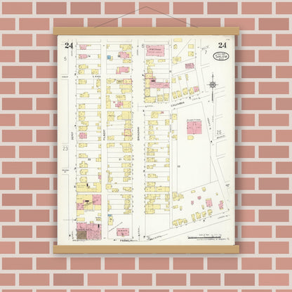 Old map wall art mockup — magnetic wood frame on brick wall — Sanborn Fire Insurance Map from Salem, Columbiana County, Ohio (1926), Sheet #0024