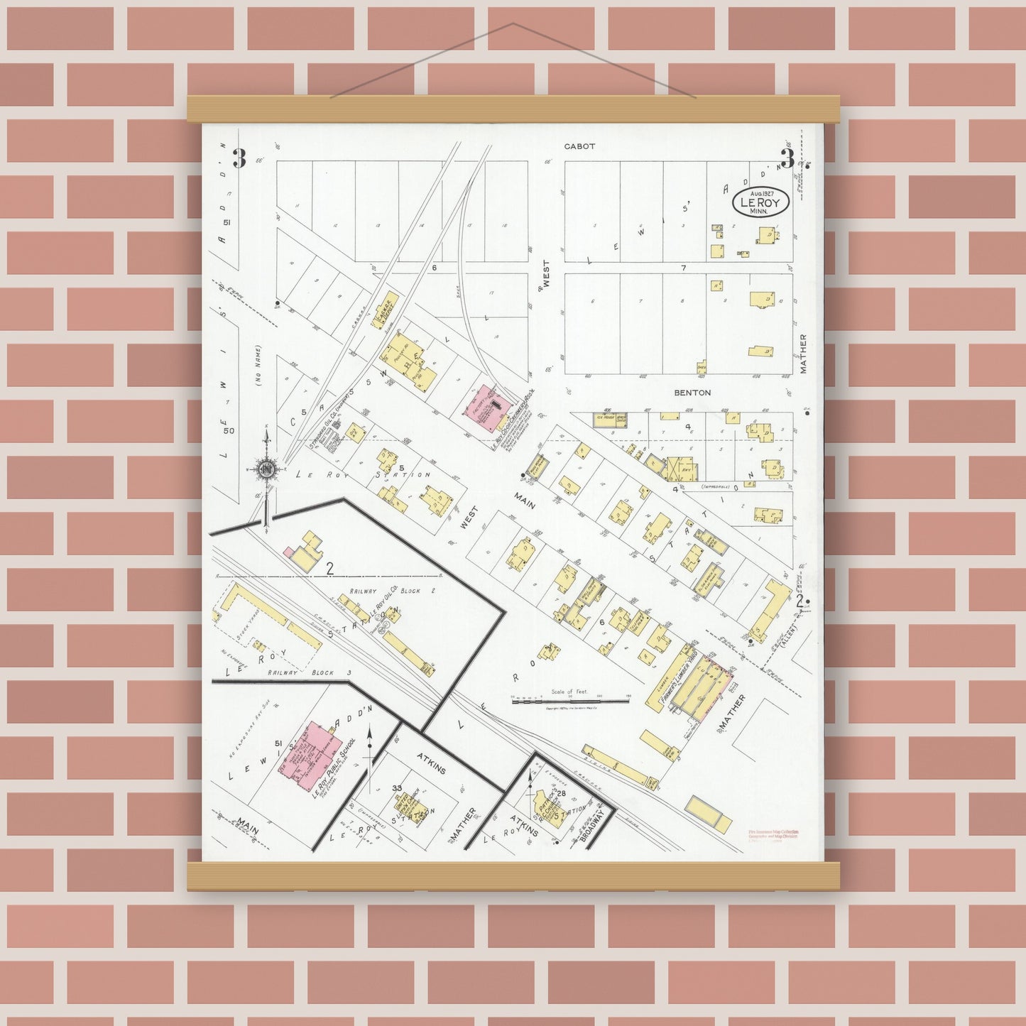 Old map wall art mockup — magnetic wood frame on brick wall — Sanborn Fire Insurance Map from Le Roy, Mower County, Minnesota (1927), Sheet #0003
