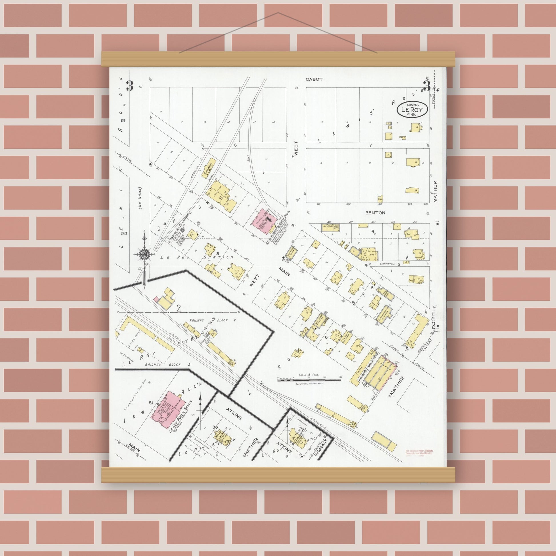 Old map wall art mockup — magnetic wood frame on brick wall — Sanborn Fire Insurance Map from Le Roy, Mower County, Minnesota (1927), Sheet #0003