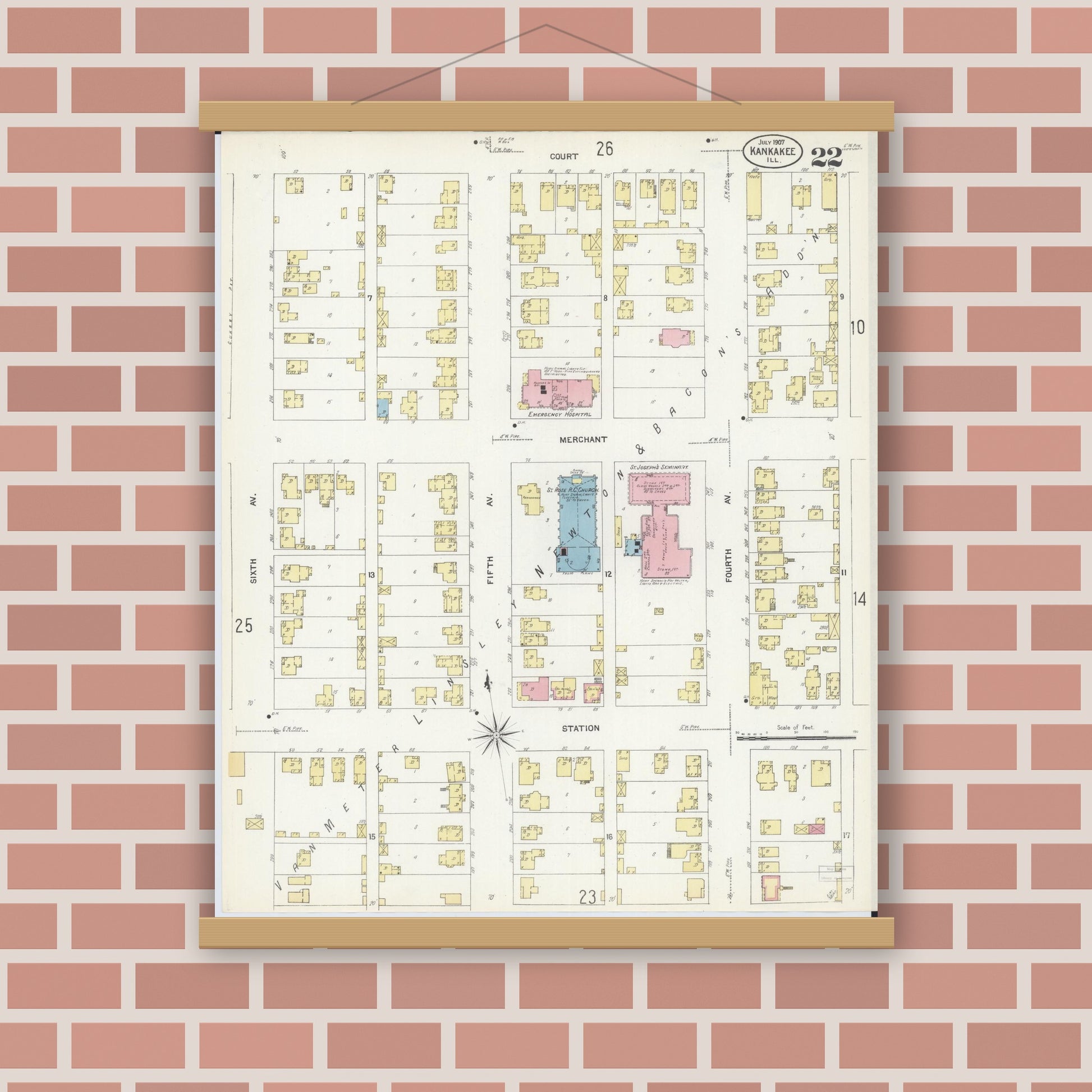 Old map wall art mockup — magnetic wood frame on brick wall — Sanborn Fire Insurance Map from Kankakee, Kankakee County, Illinois (1907), Sheet #0022