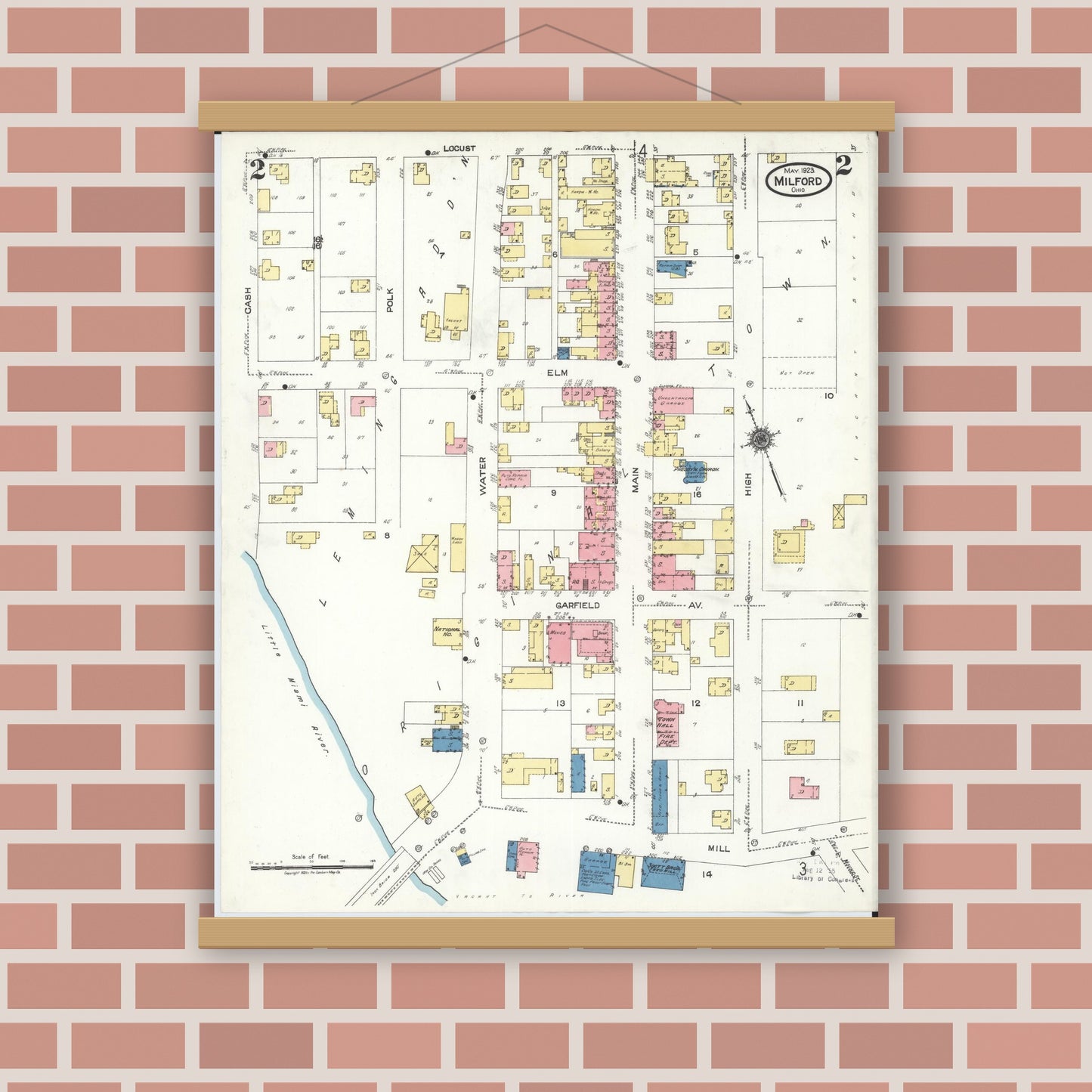 Old map wall art mockup — magnetic wood frame on brick wall — Sanborn Fire Insurance Map from Milford, Clermont And Hamilton County, Ohio (1925), Sheet #0002