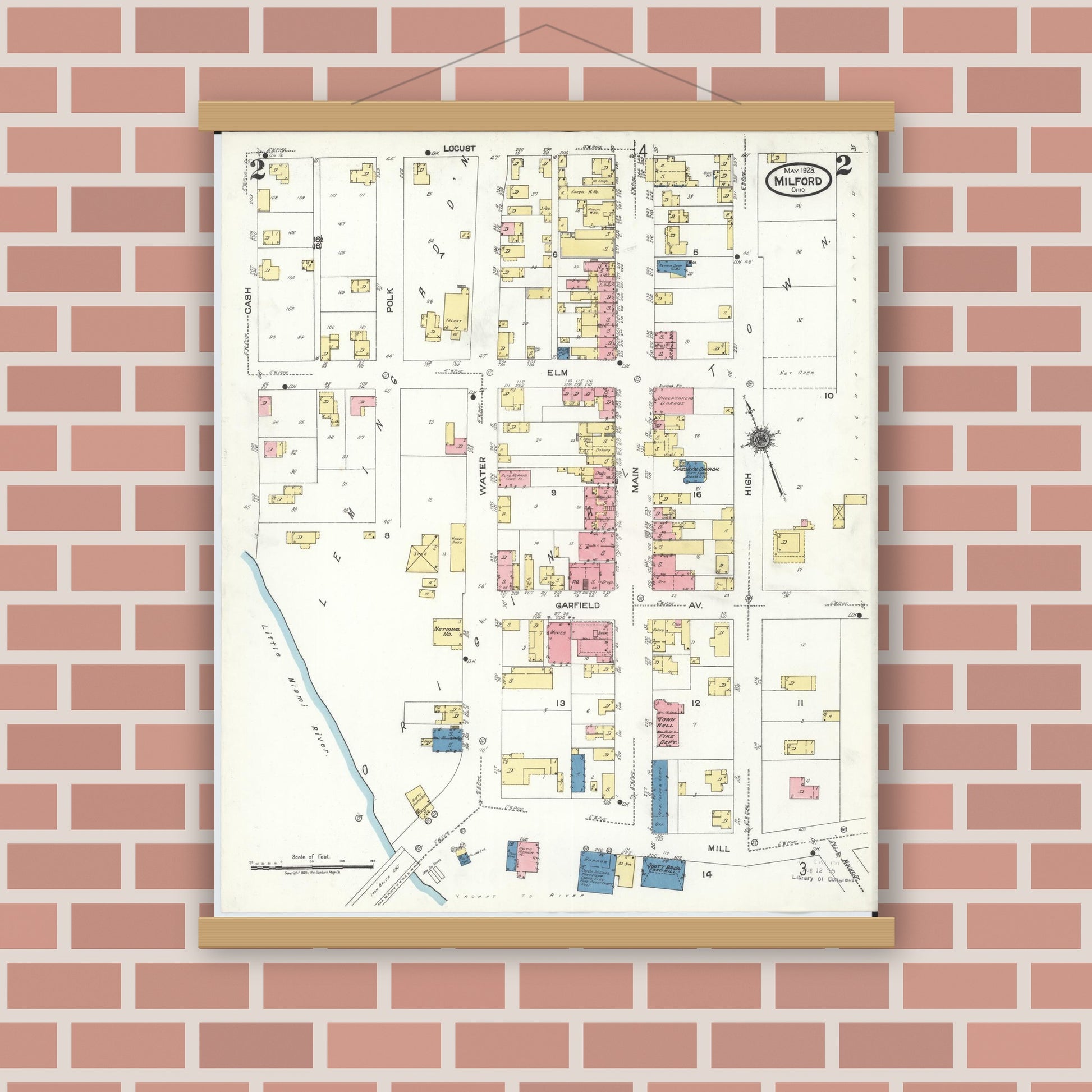 Old map wall art mockup — magnetic wood frame on brick wall — Sanborn Fire Insurance Map from Milford, Clermont And Hamilton County, Ohio (1925), Sheet #0002