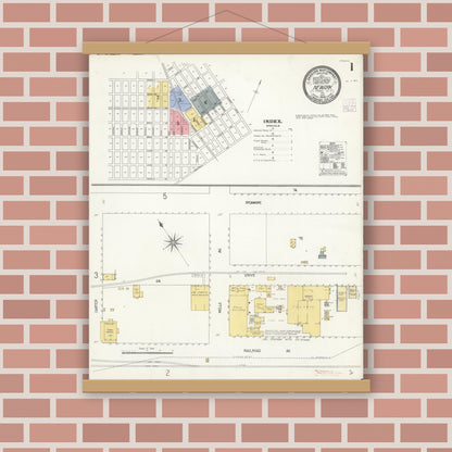 Old map wall art mockup — magnetic wood frame on brick wall — Sanborn Fire Insurance Map from Newark, Alameda County, California (1908), Sheet #0001