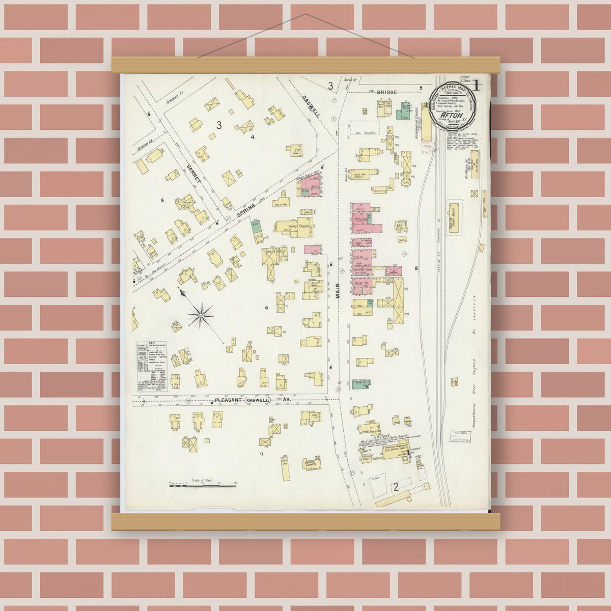 Old map wall art mockup — magnetic wood frame on brick wall — Sanborn Fire Insurance Map from Afton, Chenango County, New York (1897), Sheet #0001