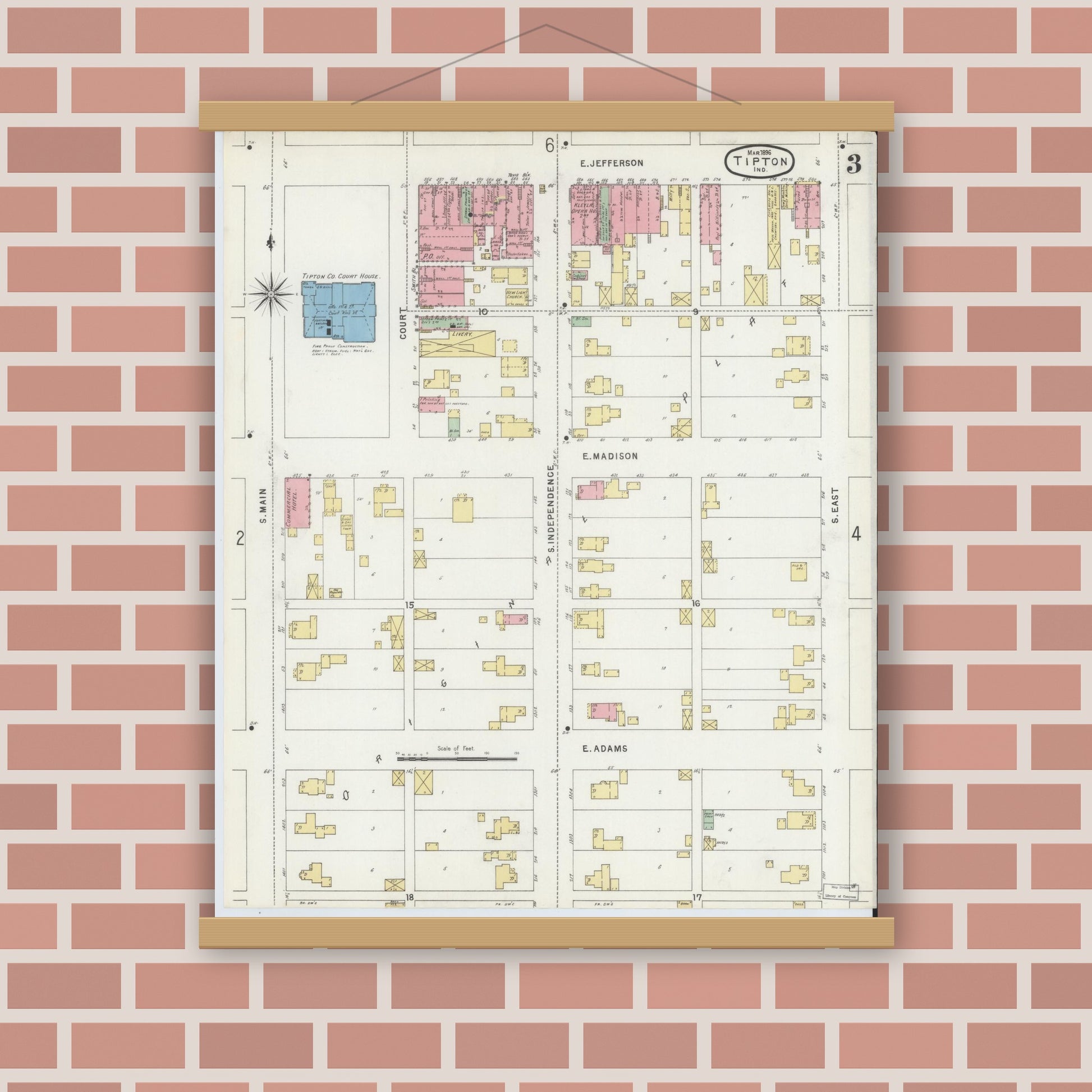 Old map wall art mockup — magnetic wood frame on brick wall — Sanborn Fire Insurance Map from Tipton, Tipton County, Indiana (1896), Sheet #0003