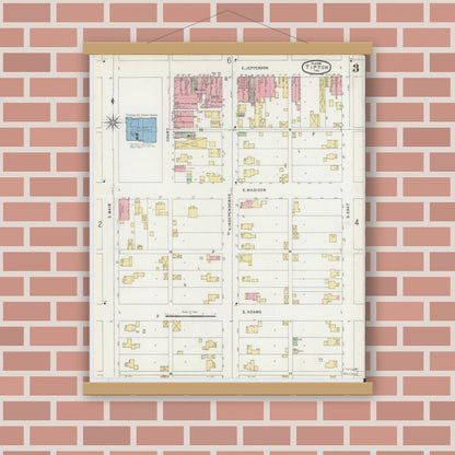 Old map wall art mockup — magnetic wood frame on brick wall — Sanborn Fire Insurance Map from Tipton, Tipton County, Indiana (1896), Sheet #0003