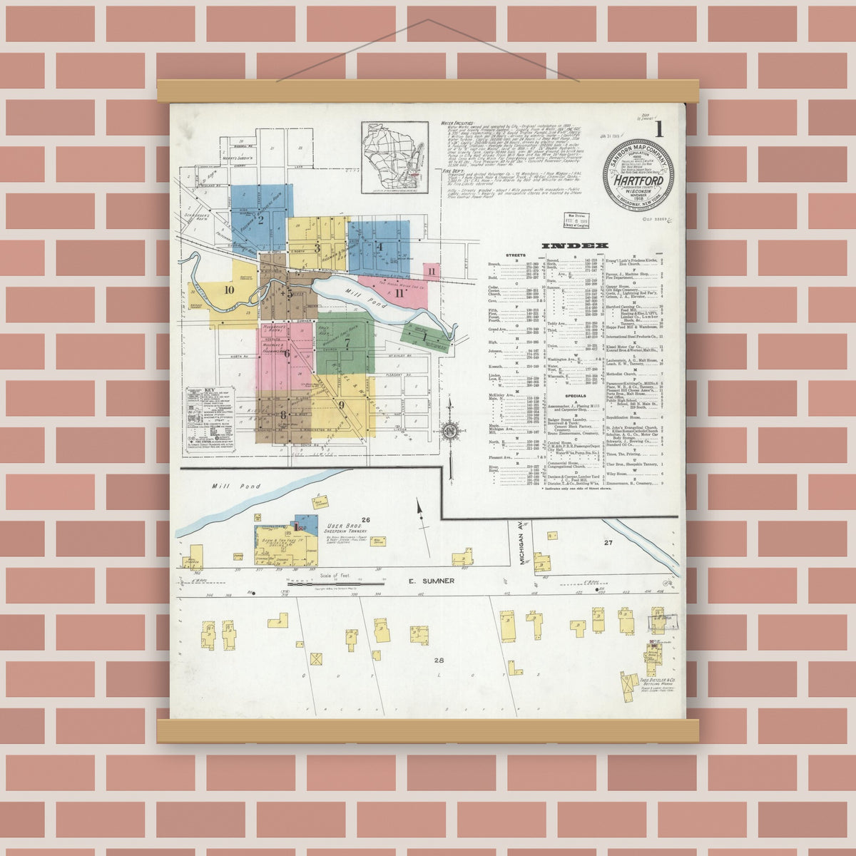 Old map wall art mockup — magnetic wood frame on brick wall — Sanborn Fire Insurance Map from Hartford, Washington County, Wisconsin (1918) - Complete Map Set