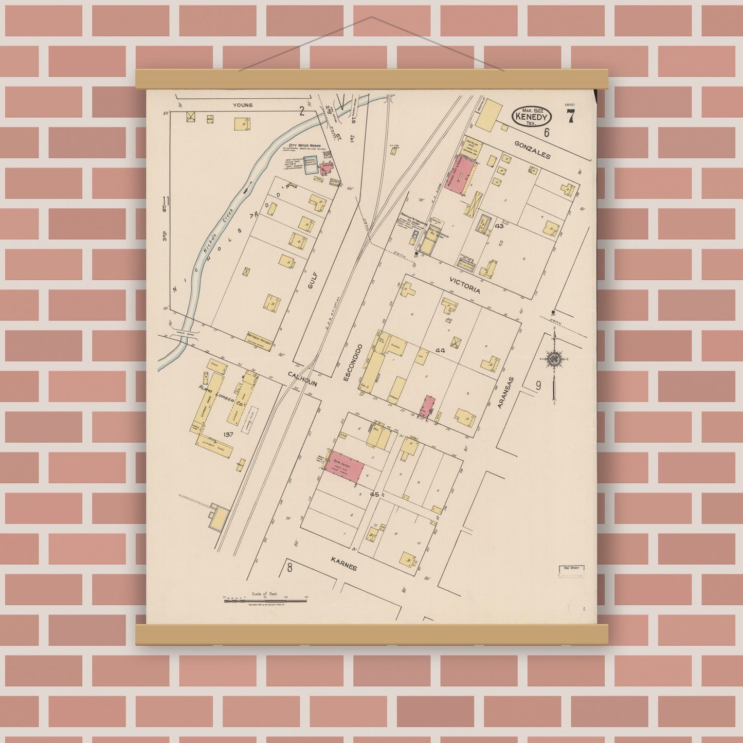 Old map wall art mockup — magnetic wood frame on brick wall — Sanborn Fire Insurance Map from Kenedy, Karnes County, Texas (1922), Sheet #0007