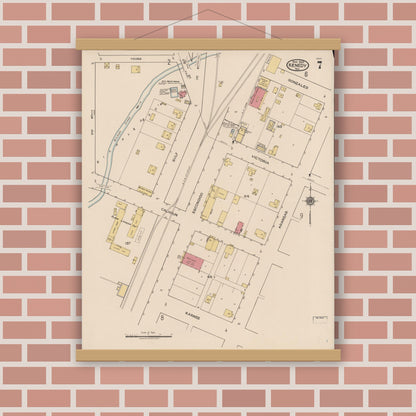 Old map wall art mockup — magnetic wood frame on brick wall — Sanborn Fire Insurance Map from Kenedy, Karnes County, Texas (1922), Sheet #0007
