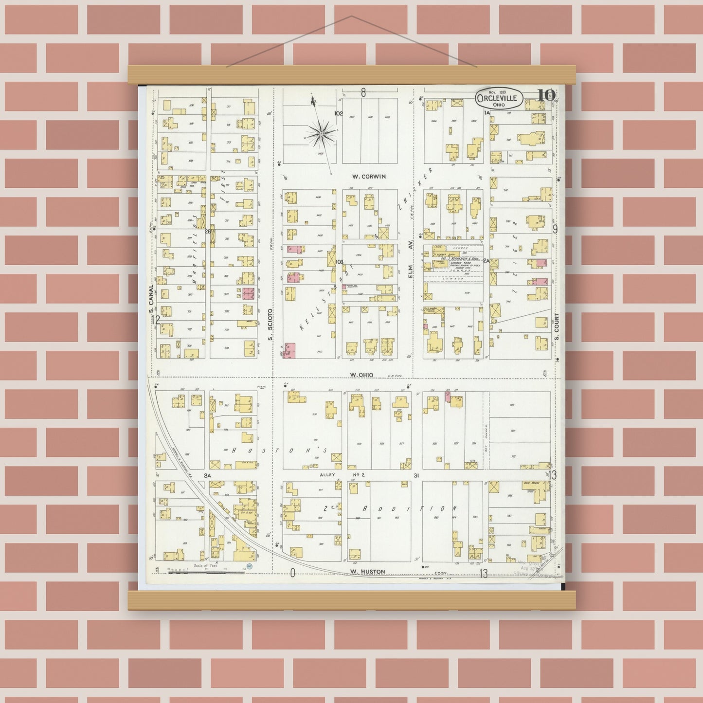 Old map wall art mockup — magnetic wood frame on brick wall — Sanborn Fire Insurance Map from Circleville, Pickaway County, Ohio (1899), Sheet #0010