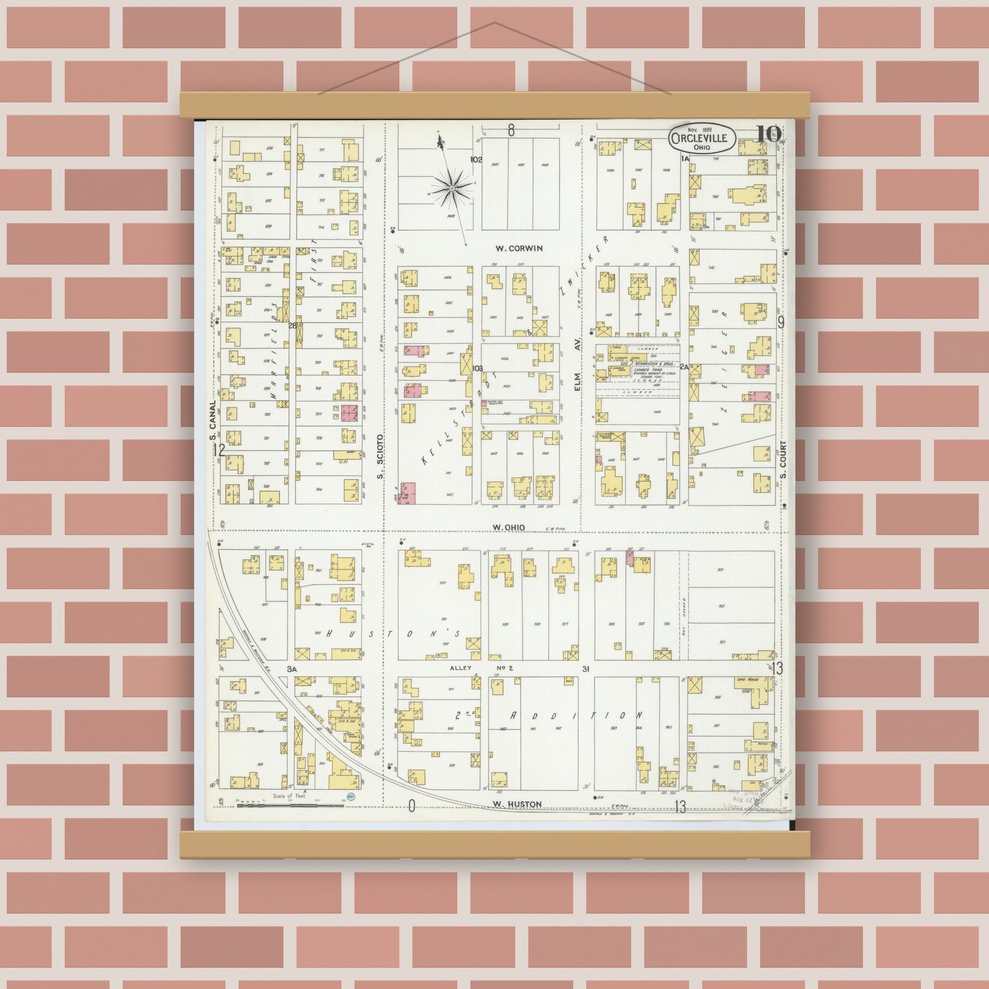 Old map wall art mockup — magnetic wood frame on brick wall — Sanborn Fire Insurance Map from Circleville, Pickaway County, Ohio (1899), Sheet #0010