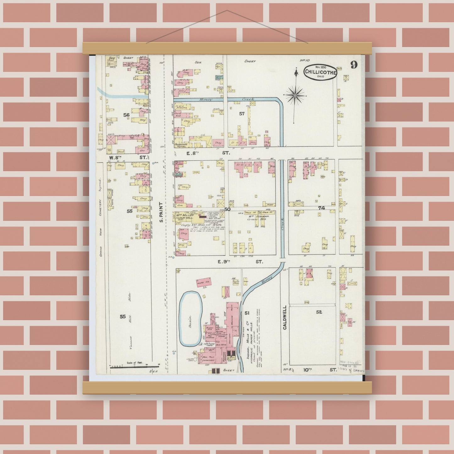 Old map wall art mockup — magnetic wood frame on brick wall — Sanborn Fire Insurance Map from Chillicothe, Ross County, Ohio (1890), Sheet #0009