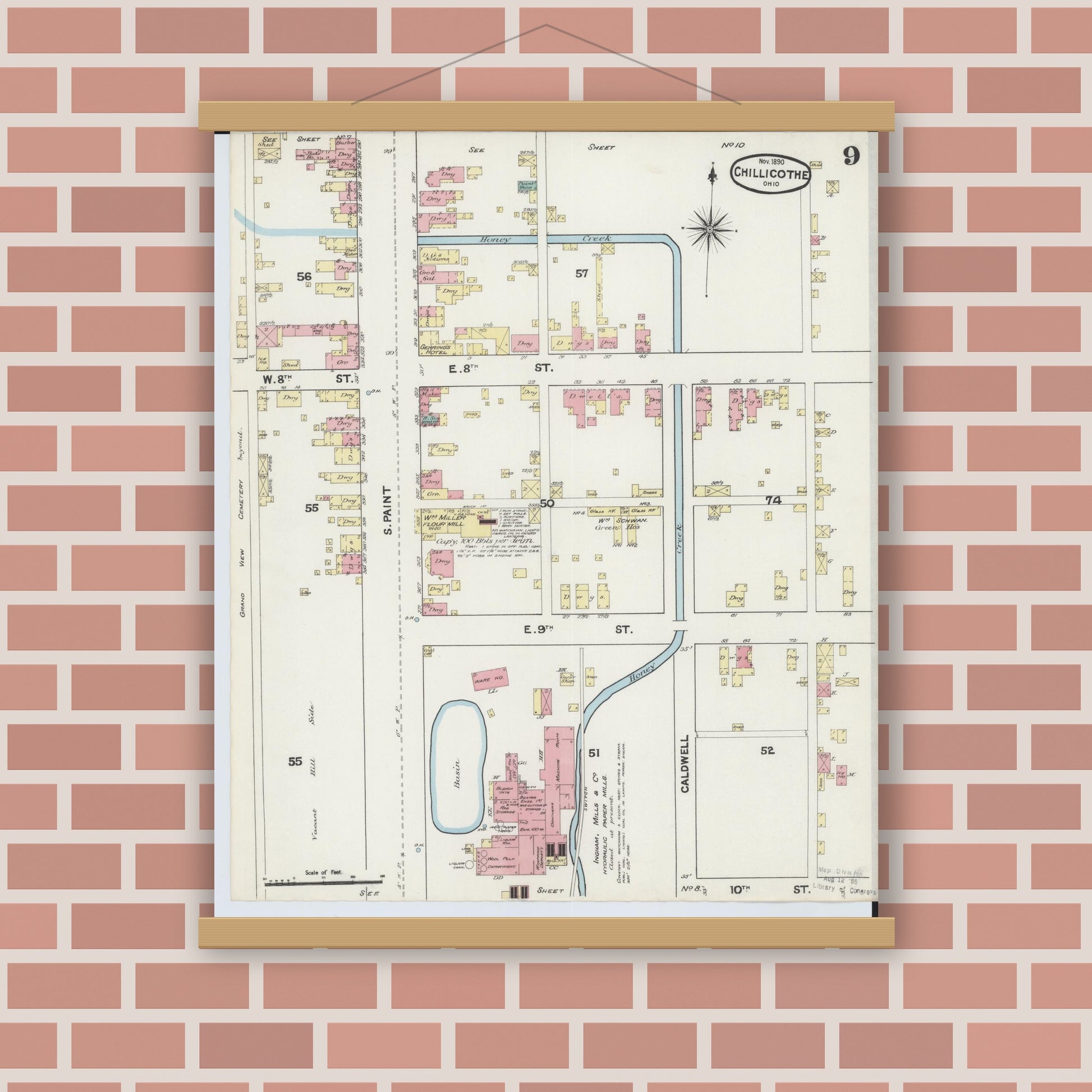 Old map wall art mockup — magnetic wood frame on brick wall — Sanborn Fire Insurance Map from Chillicothe, Ross County, Ohio (1890), Sheet #0009