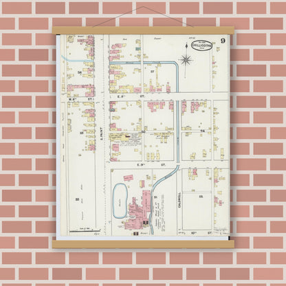 Old map wall art mockup — magnetic wood frame on brick wall — Sanborn Fire Insurance Map from Chillicothe, Ross County, Ohio (1890), Sheet #0009
