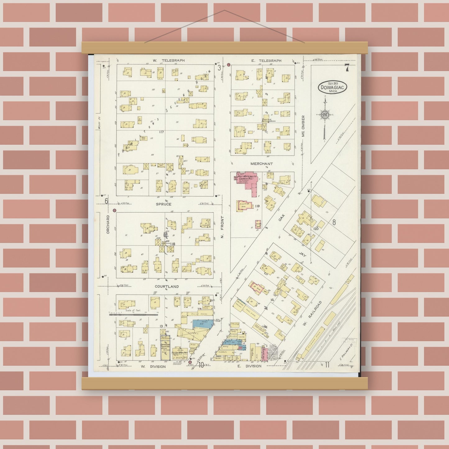 Old map wall art mockup — magnetic wood frame on brick wall — Sanborn Fire Insurance Map from Dowagiac, Cass County, Michigan (1913), Sheet #0007
