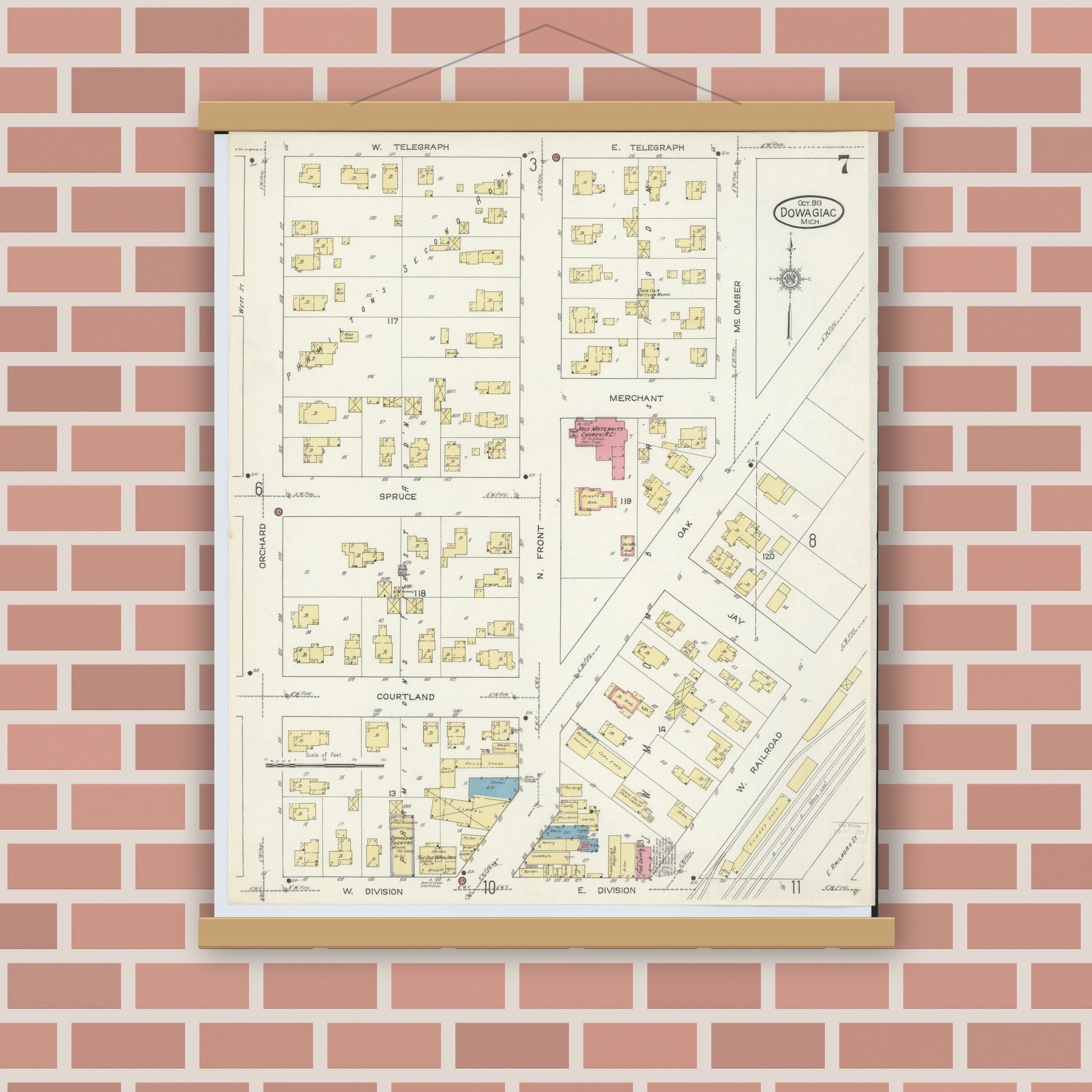 Old map wall art mockup — magnetic wood frame on brick wall — Sanborn Fire Insurance Map from Dowagiac, Cass County, Michigan (1913), Sheet #0007
