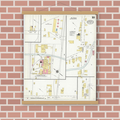 Old map wall art mockup — magnetic wood frame on brick wall — Sanborn Fire Insurance Map from Wyoming, Luzerne County, Pennsylvania (1911), Sheet #0010