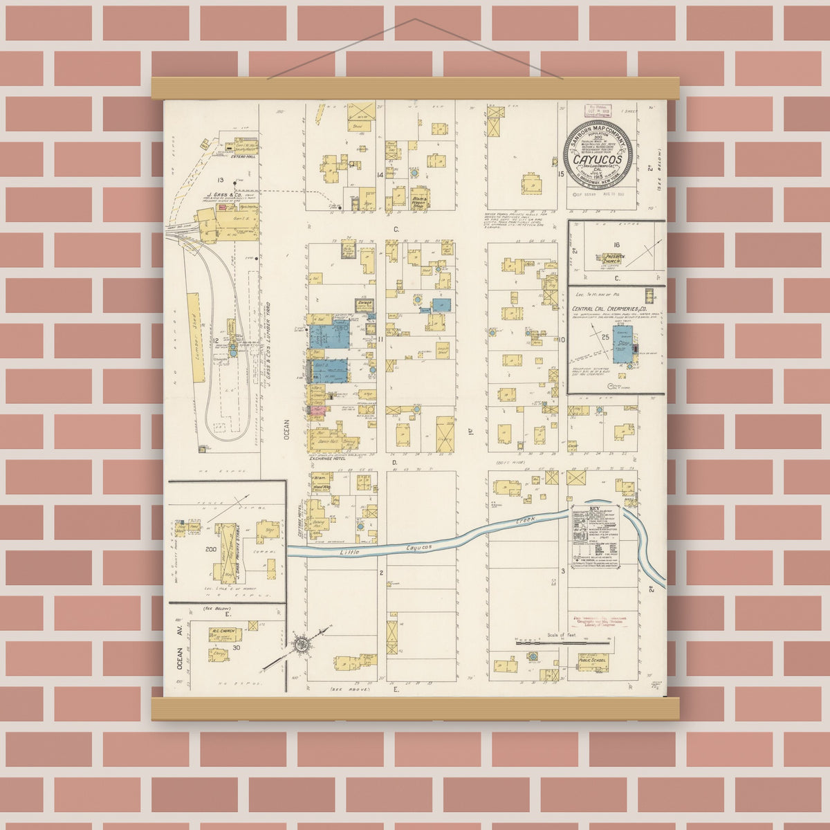 Old map wall art mockup — magnetic wood frame on brick wall — Sanborn Fire Insurance Map from Cayucos, San Luis Obispo County, California (1913), Sheet #0001