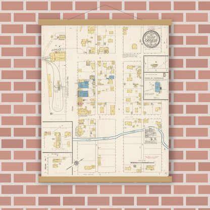 Old map wall art mockup — magnetic wood frame on brick wall — Sanborn Fire Insurance Map from Cayucos, San Luis Obispo County, California (1913), Sheet #0001