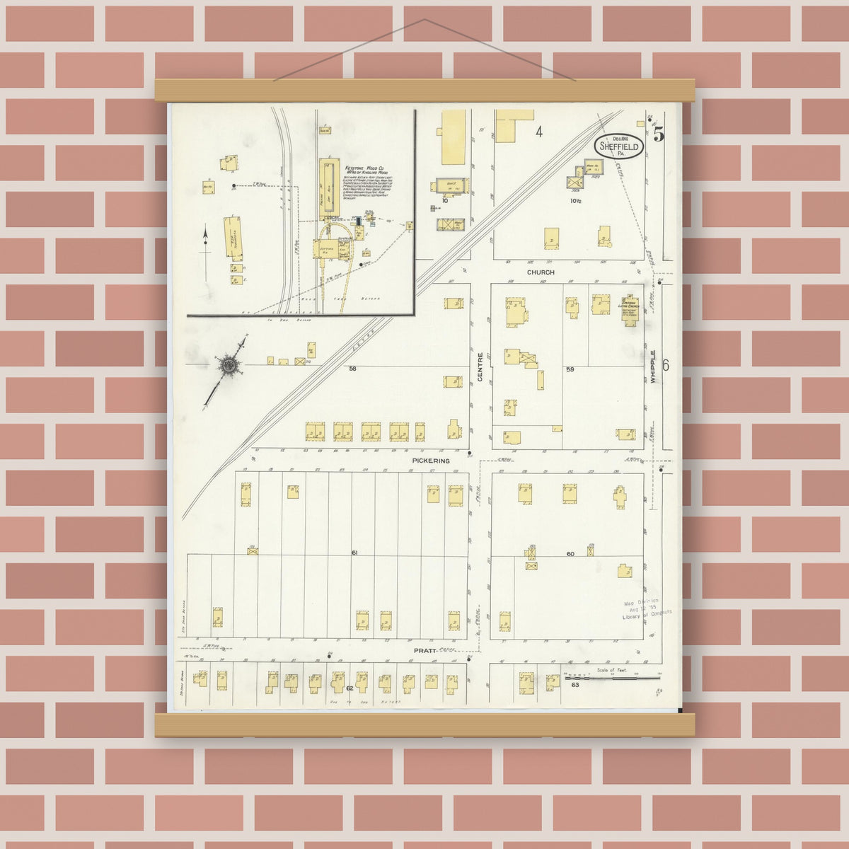 Old map wall art mockup — magnetic wood frame on brick wall — Sanborn Fire Insurance Map from Sheffield, Warren County, Pennsylvania (1910), Sheet #0005