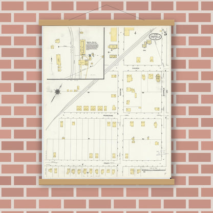 Old map wall art mockup — magnetic wood frame on brick wall — Sanborn Fire Insurance Map from Sheffield, Warren County, Pennsylvania (1910), Sheet #0005