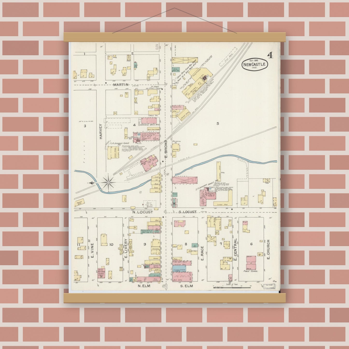 Old map wall art mockup — magnetic wood frame on brick wall — Sanborn Fire Insurance Map from New Castle, Henry County, Indiana (1892), Sheet #0004