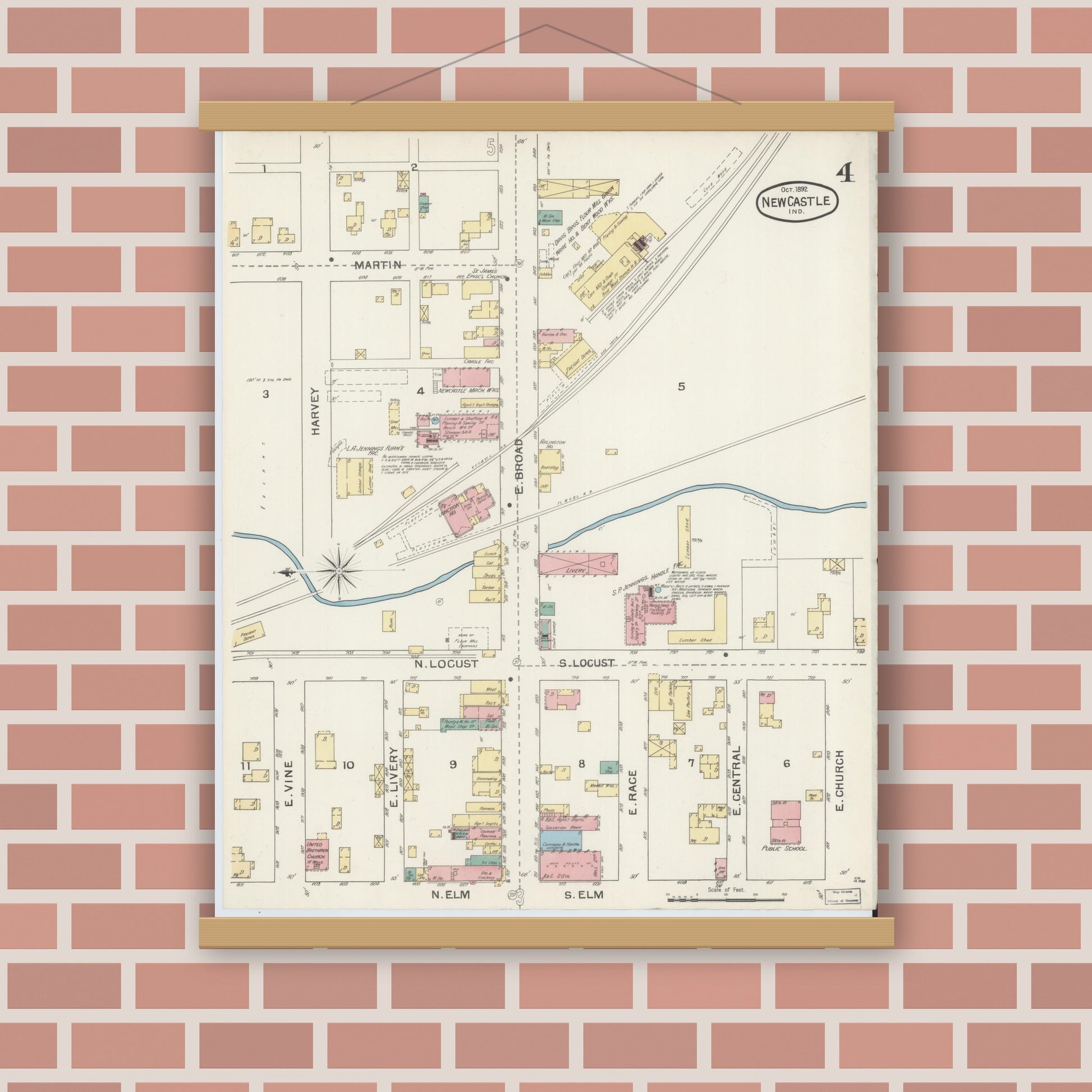 Old map wall art mockup — magnetic wood frame on brick wall — Sanborn Fire Insurance Map from New Castle, Henry County, Indiana (1892), Sheet #0004