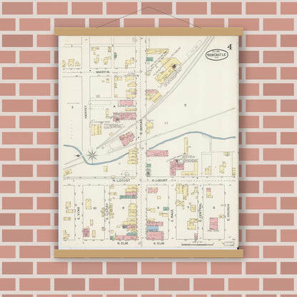 Old map wall art mockup — magnetic wood frame on brick wall — Sanborn Fire Insurance Map from New Castle, Henry County, Indiana (1892), Sheet #0004