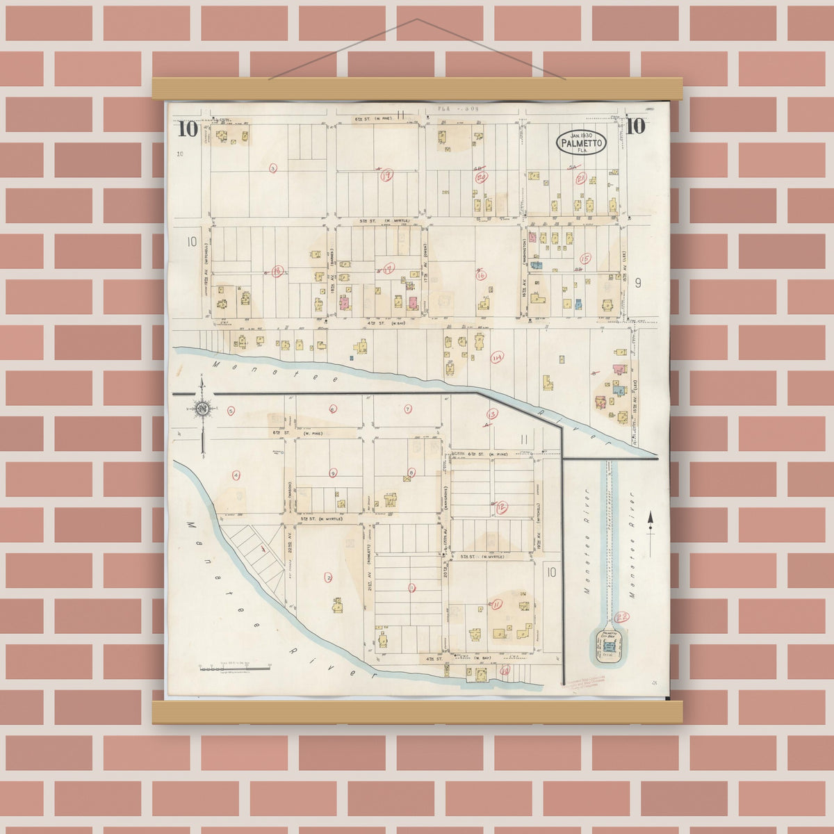 Old map wall art mockup — magnetic wood frame on brick wall — Sanborn Fire Insurance Map from Palmetto, Manatee County, Florida (1944), Sheet #0010