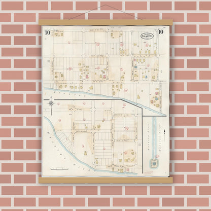 Old map wall art mockup — magnetic wood frame on brick wall — Sanborn Fire Insurance Map from Palmetto, Manatee County, Florida (1944), Sheet #0010