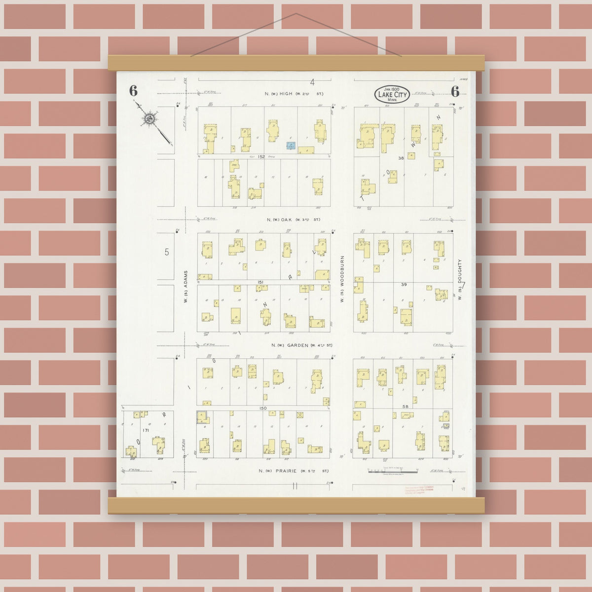 Old map wall art mockup — magnetic wood frame on brick wall — Sanborn Fire Insurance Map from Lake City, Wabasha County, Minnesota (1930), Sheet #0006