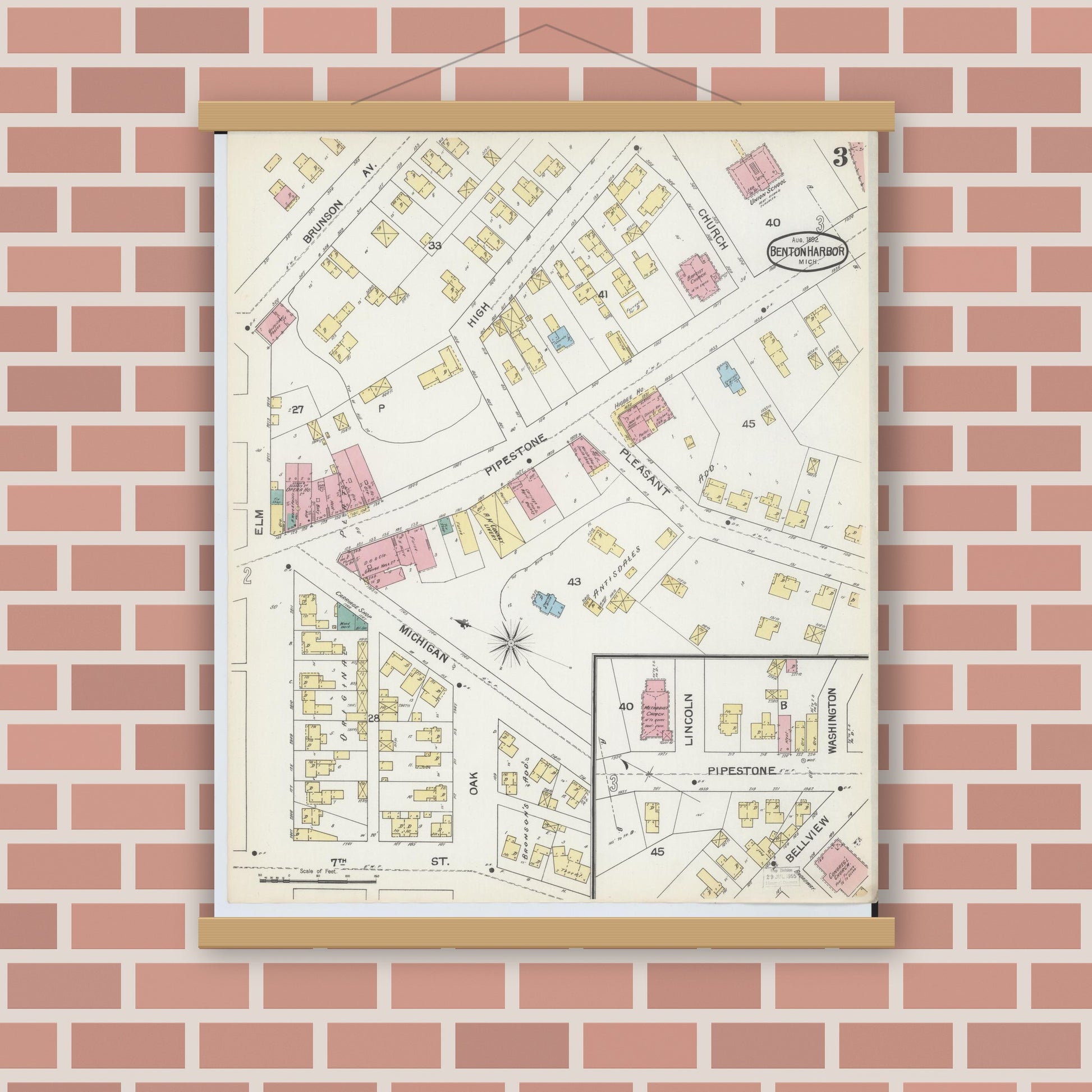 Old map wall art mockup — magnetic wood frame on brick wall — Sanborn Fire Insurance Map from Benton Harbor, Berrien County, Michigan (1892), Sheet #0003