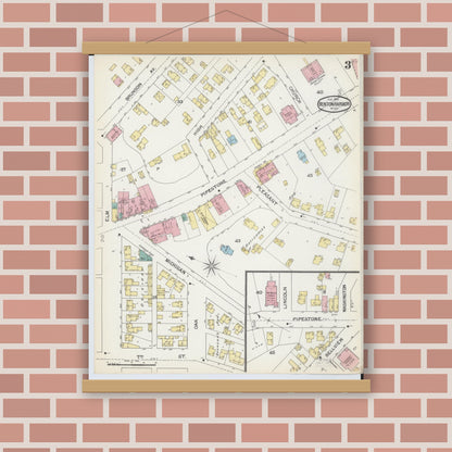 Old map wall art mockup — magnetic wood frame on brick wall — Sanborn Fire Insurance Map from Benton Harbor, Berrien County, Michigan (1892), Sheet #0003