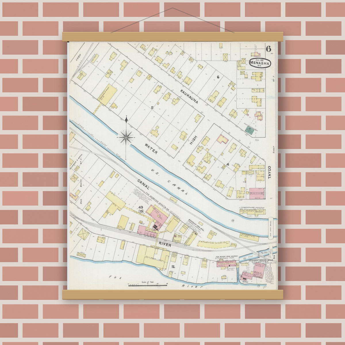 Old map wall art mockup — magnetic wood frame on brick wall — Sanborn Fire Insurance Map from Menasha, Winnebago County, Wisconsin (1891), Sheet #0006