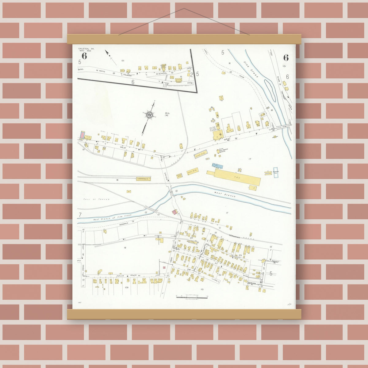 Old map wall art mockup — magnetic wood frame on brick wall — Sanborn Fire Insurance Map from Galeton, Potter County, Pennsylvania (1933), Sheet #0006