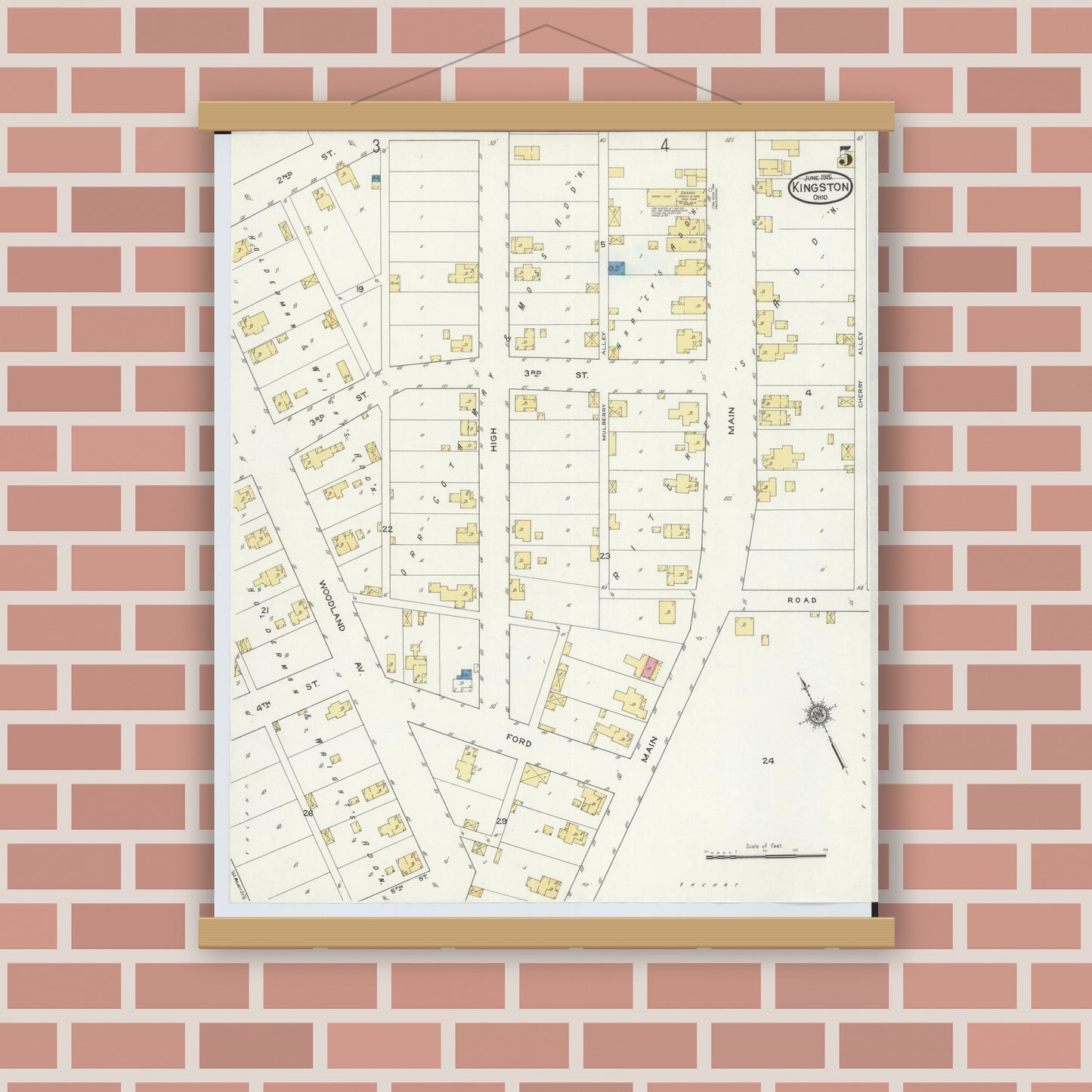 Old map wall art mockup — magnetic wood frame on brick wall — Sanborn Fire Insurance Map from Kingston, Ross County, Ohio (1915), Sheet #0005
