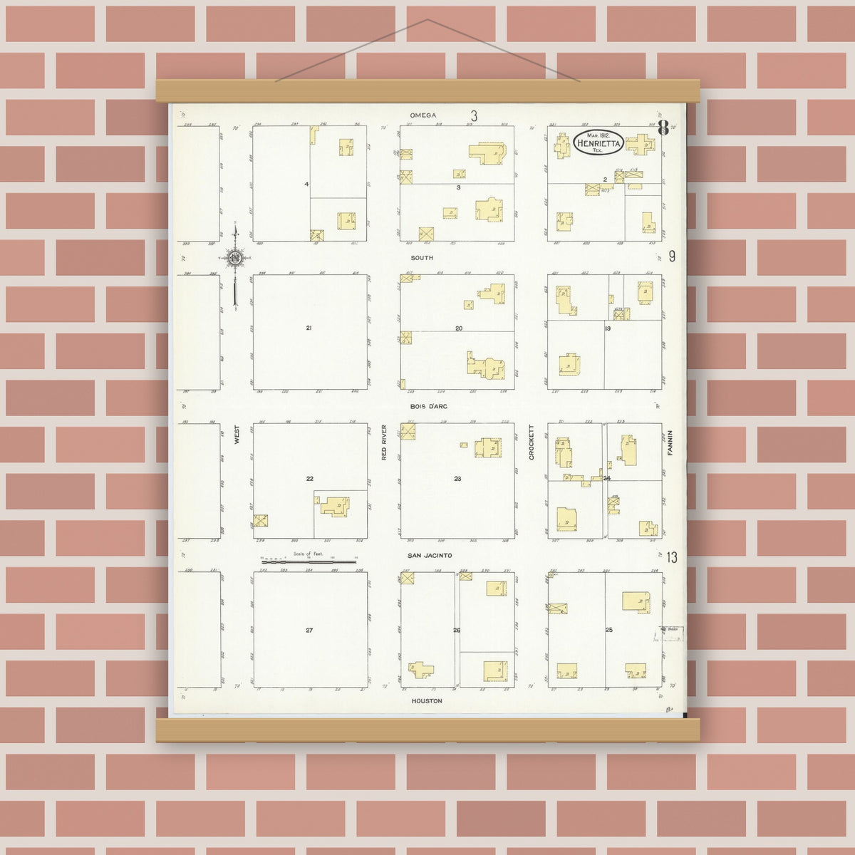 Old map wall art mockup — magnetic wood frame on brick wall — Sanborn Fire Insurance Map from Henrietta, Clay County, Texas (1912), Sheet #0008