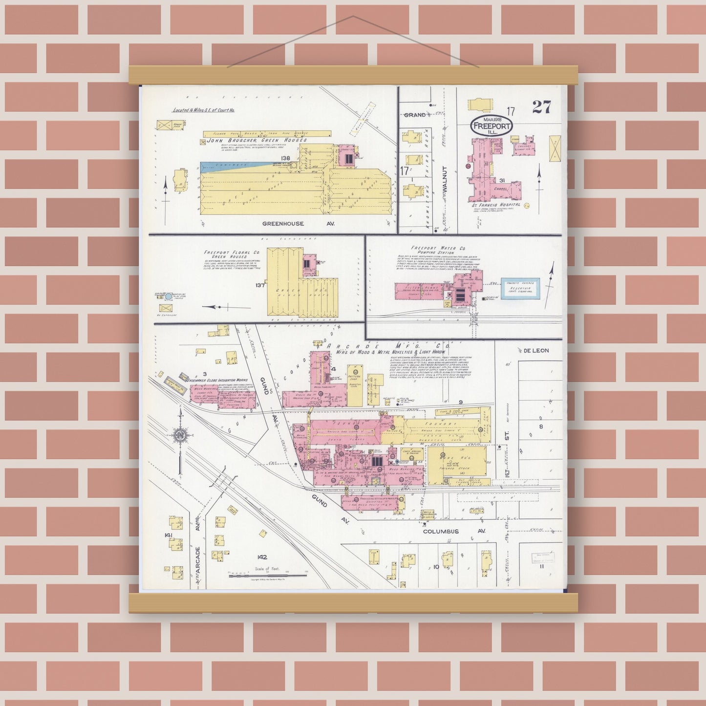 Old map wall art mockup — magnetic wood frame on brick wall — Sanborn Fire Insurance Map from Freeport, Stephenson County, Illinois (1918), Sheet #0027