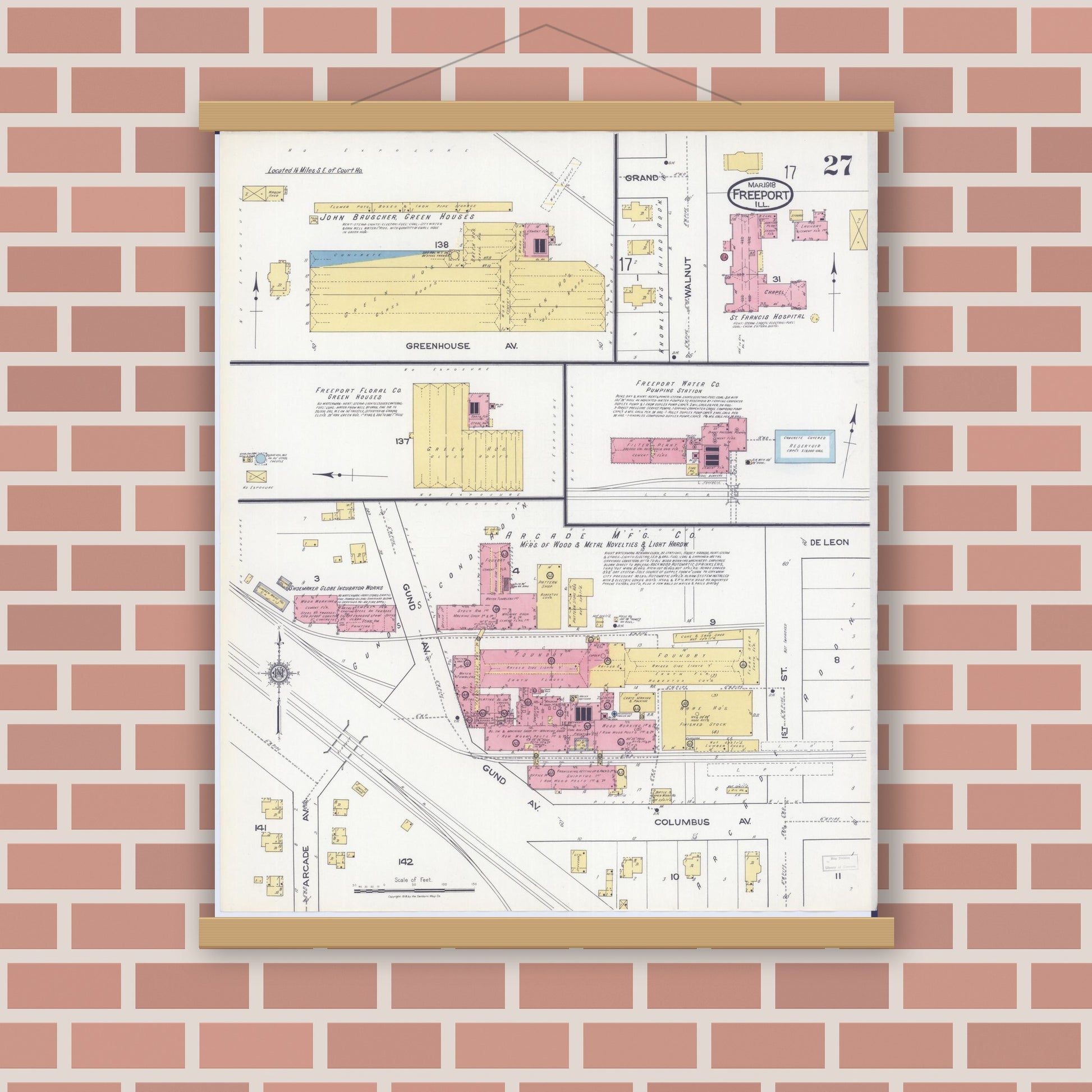 Old map wall art mockup — magnetic wood frame on brick wall — Sanborn Fire Insurance Map from Freeport, Stephenson County, Illinois (1918), Sheet #0027