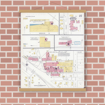 Old map wall art mockup — magnetic wood frame on brick wall — Sanborn Fire Insurance Map from Freeport, Stephenson County, Illinois (1918), Sheet #0027