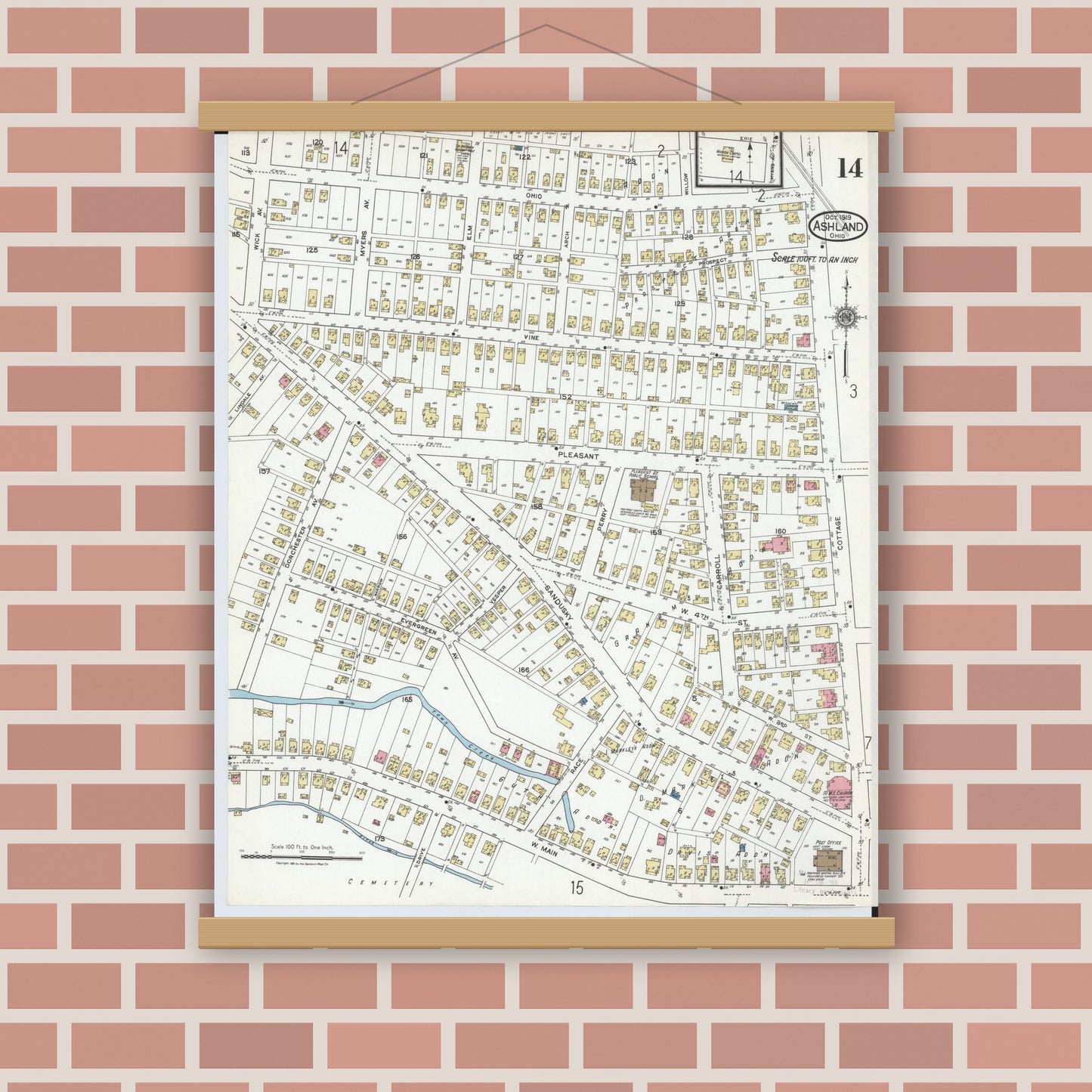 Old map wall art mockup — magnetic wood frame on brick wall — Sanborn Fire Insurance Map from Ashland, Ashland County, Ohio (1919), Sheet #0014