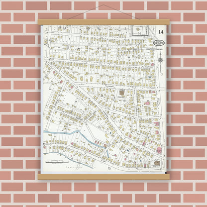 Old map wall art mockup — magnetic wood frame on brick wall — Sanborn Fire Insurance Map from Ashland, Ashland County, Ohio (1919), Sheet #0014