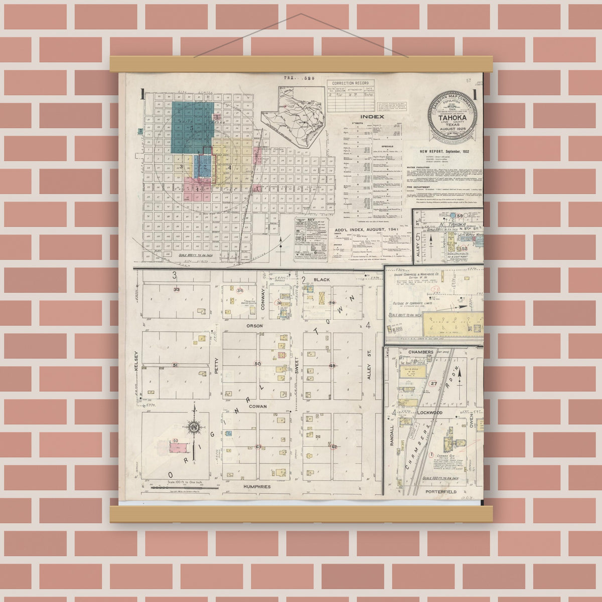 Old map wall art mockup — magnetic wood frame on brick wall — Sanborn Fire Insurance Map from Tahoka, Lynn County, Texas (1941), Sheet #0001