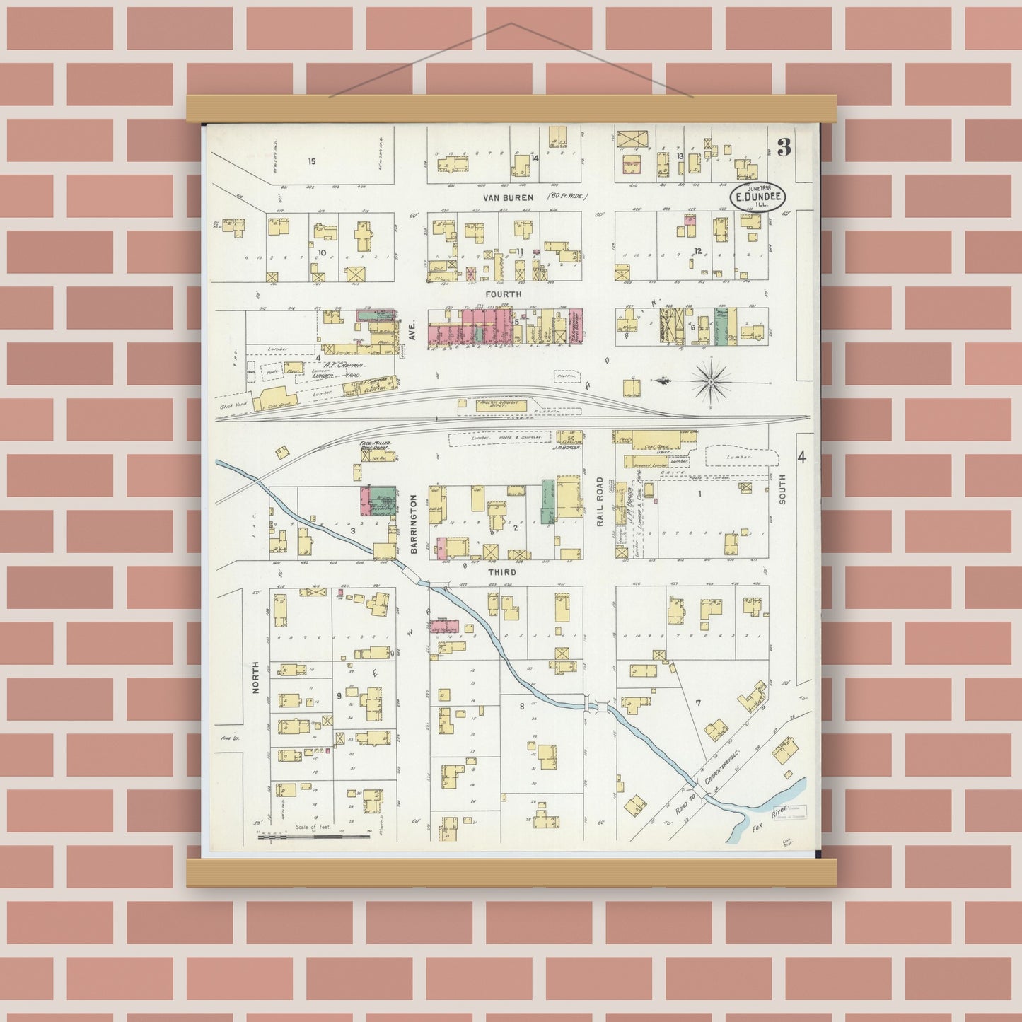 Old map wall art mockup — magnetic wood frame on brick wall — Sanborn Fire Insurance Map from Dundee, Kane County, Illinois (1898), Sheet #0003